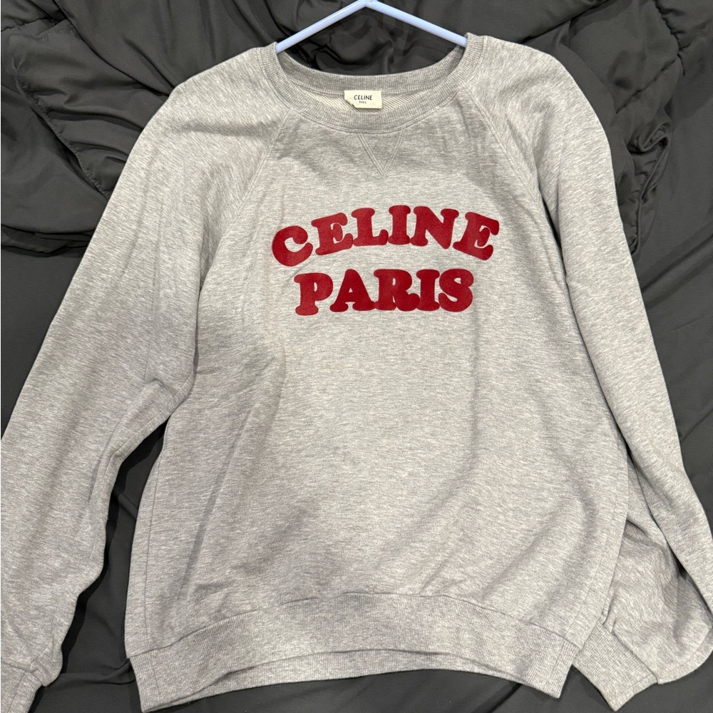 Celine Gray and Red Crew Neck Sweater with Bold Design